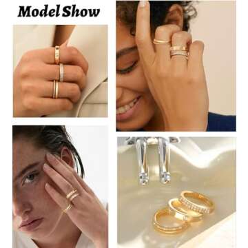 TOSGMY Gold Silver Rings for Women Non Tarnish Stackable Rings Trendy Dainty 18K Gold Plated Stacking Cubic Zirconia Thumb Ring Set Love Friendship Dual Band Rings Promise Wedding Engagement Rings Size 6 7 8 9 10 11