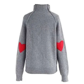 CHICWISH Women Comfy Casual Long Sleeve Heart Shape Patched Grey Knit Top Pullover Sweater