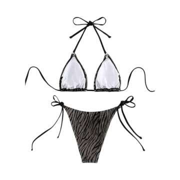 SHENHE Women's 2 Piece Tie Side Triangle Beach Bikini Sets Stripe Halter Swimsuit Bathing Suit Zebra Print Black S