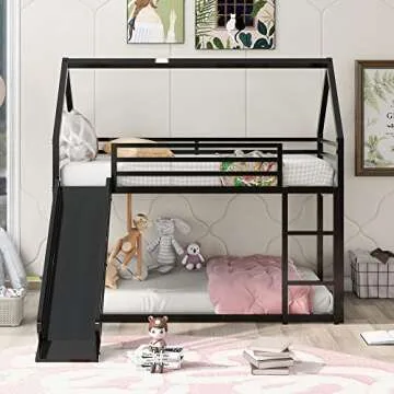 Merax Modern Twin Over Twin Heavy Steel Low Bunk Bed with Ladder and Slide House Shaped Bunk Bed Frame for Kids Boys Girls Space-Saving, Black