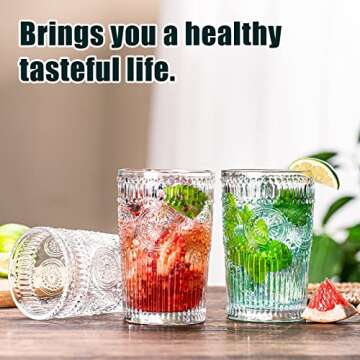 wookgreat Vintage Drinking Glasses Set of 12, Textured Clear Striped Glass Cups-6 Highball Glasses 13oz & 6 Rocks Glasses 10oz, Ribbed Glassware Set, Mojito Cups, Cocktail Glass, Iced Coffee Cup