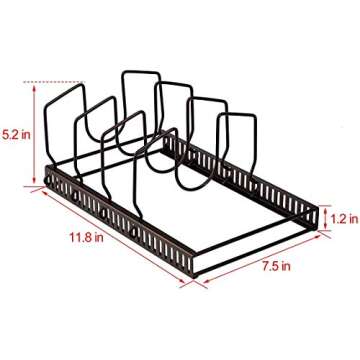 Toplife Pot Lids Organizer Rack for Cabinet and Countertop, 7+ Pan Lids and Bakeware Organizer Rack Holder with 7 Adjustable Compartments - Brown