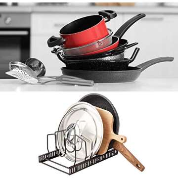 Toplife Pot Lids Organizer Rack for Cabinet and Countertop, 7+ Pan Lids and Bakeware Organizer Rack Holder with 7 Adjustable Compartments - Brown