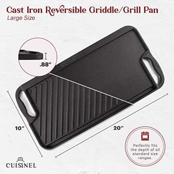 Cuisinel Cast Iron Griddle/Grill - Reversible 20" x 10" Dual Handle Skillet