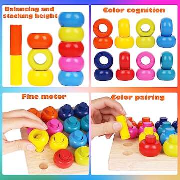 Wooden Color Sorter Stacking Rings Board Montessori Toys Wooden Pegboard Stacking blocks Stacker Rin...