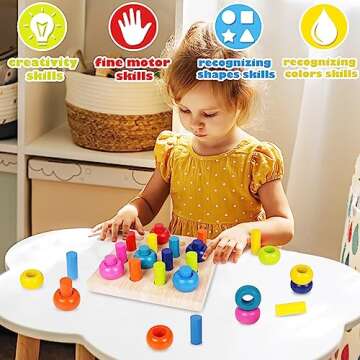 Wooden Color Sorter Stacking Rings Board Montessori Toys Wooden Pegboard Stacking blocks Stacker Rings Board Counting Toys for Toddlers Puzzle Games for Shape Sorting Educational Learning Toys