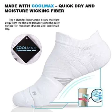 Hylaea Low Cut Socks for Running with Cushion Pad, No Show Athletic Sport Tab Coolmax Socks Moisture Wicking, No Blister, Seamless, Anti-Odor White Large