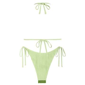 ZAFUL Halter Two Piece Bathing Suit for Women Ribbed String Bikini Sets Cheeky Triangle Strappy Tie Back Swimsuit Green S