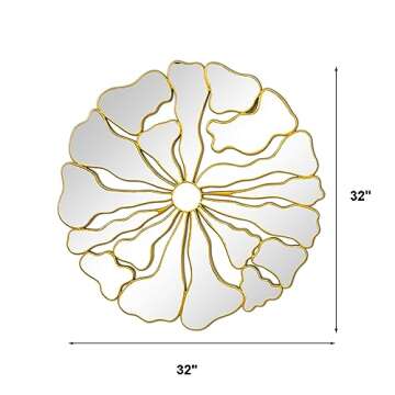 Jesantab Gold Wall Mirrors Decorative, 32” Large Round Mirrors for Wall Decor, Flower Shaped Decorative Wall Mirror for Living Room, Bedroom, Dining Room