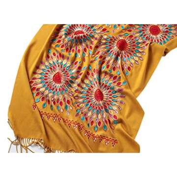 Urban CoCo Women's Embroidered Oversize Tassel Shawl Scarf Wraps for Women (Turmeric)