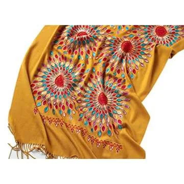 Urban CoCo Women's Embroidered Oversize Tassel Shawl Scarf Wraps for Women (Turmeric)