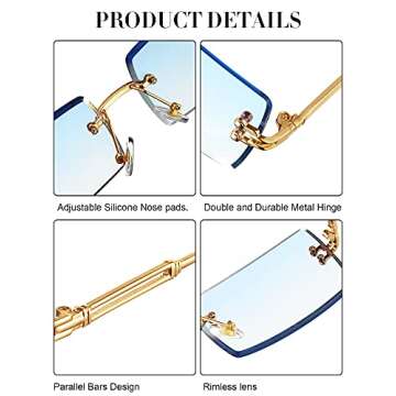 Weewooday 8 Pairs Vintage Rimless Rectangle Sunglasses Tinted Lens Gold Metal Frameless Eyewear Sunglasses for Women Men (Cute Colors)