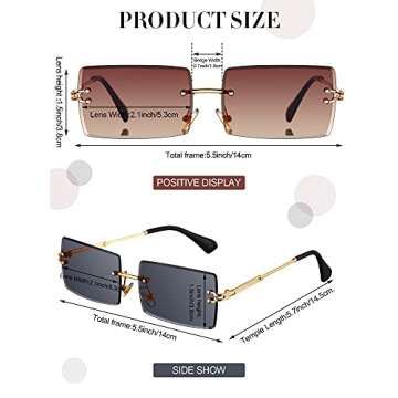 Weewooday 8 Pairs Vintage Rimless Rectangle Sunglasses Tinted Lens Gold Metal Frameless Eyewear Sunglasses for Women Men (Cute Colors)