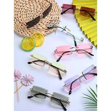 Weewooday 8 Pairs Vintage Rimless Rectangle Sunglasses Tinted Lens Gold Metal Frameless Eyewear Sunglasses for Women Men (Cute Colors)