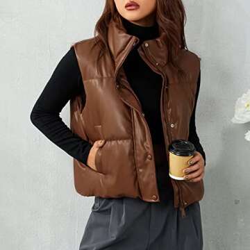 Ailoqing Womens Faux Leather Puffer Vest Zip Up Sleeveless Winter Cropped Jacket(Coffee-M)