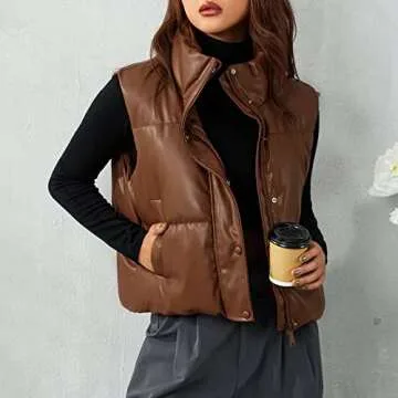 Ailoqing Womens Faux Leather Puffer Vest Zip Up Sleeveless Winter Cropped Jacket(Coffee-M)