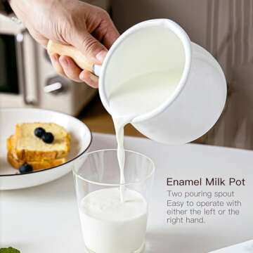 YumCute Home Enamel Milk Pot, Small Enamel Saucepan Milk Pot Butter Warmer 4 Inch 17 Oz Enamel Small Sauce Pan with Wooden Handle, Perfect Size for Heating Smaller Liquid Portions. (White）