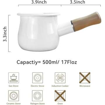 YumCute Home Enamel Milk Pot, Small Enamel Saucepan Milk Pot Butter Warmer 4 Inch 17 Oz Enamel Small Sauce Pan with Wooden Handle, Perfect Size for Heating Smaller Liquid Portions. (White）