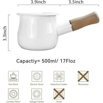 YumCute Home Enamel Milk Pot, Small Enamel Saucepan Milk Pot Butter Warmer 4 Inch 17 Oz Enamel Small Sauce Pan with Wooden Handle, Perfect Size for Heating Smaller Liquid Portions. (White）