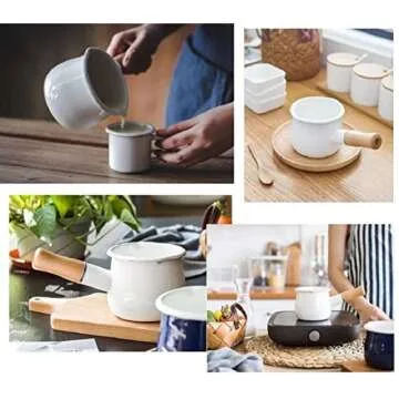 YumCute Home Enamel Milk Pot, Small Enamel Saucepan Milk Pot Butter Warmer 4 Inch 17 Oz Enamel Small Sauce Pan with Wooden Handle, Perfect Size for Heating Smaller Liquid Portions. (White）