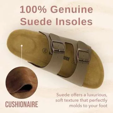 CUSHIONAIRE Lane Cork Footbed Sandals for Women – Comfortable Double Buckle Slip-On with Genuine Suede Footbed & Arch Support Slides for Women Footwear, BROWN 7W