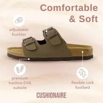 CUSHIONAIRE Lane Cork Footbed Sandals for Women – Comfortable Double Buckle Slip-On with Genuine Suede Footbed & Arch Support Slides for Women Footwear, BROWN 7W