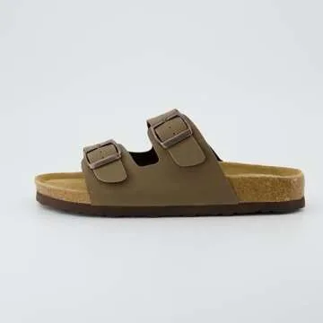 CUSHIONAIRE Lane Cork Footbed Sandals for Women – Comfortable Double Buckle Slip-On with Genuine Suede Footbed & Arch Support Slides for Women Footwear, BROWN 7W