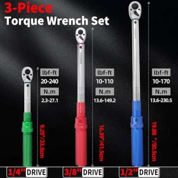 1/4 3/8 1/2-inch Drive Click Torque Wrench, 3Pcs Torque Wrench Set 20-200ft .lb, 10-110ft.lb, 10-170ft.lb ,±3% Accuracy, 72-Tooth Dual Scale Torque Wrenches for Bike, Moto, Car Repair Maintenance