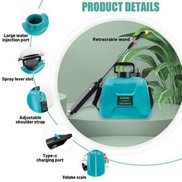 Battery Powered Garden Sprayer with 3 Mist Nozzles, 1.35 Gal Lawn Water Sprayer with USB Rechargeable Handle and Telescopic Wand, Portable Electric Sprayer with Shoulder Strap for Gardening, Cleaning
