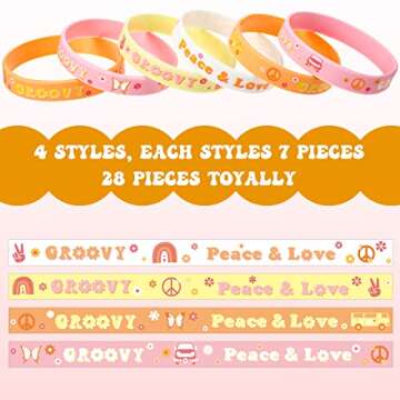 28 Pieces Groovy Retro Hippie Silicone Wristbands Daisy Flower Peace and Love Rubber Bracelets Daisy Party Favors for Kids adults 60s 70s Two Groovy themed Birthday Party Decoration Supplies