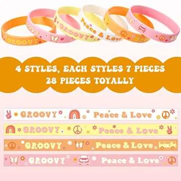 28 Pieces Groovy Retro Hippie Silicone Wristbands Daisy Flower Peace and Love Rubber Bracelets Daisy Party Favors for Kids adults 60s 70s Two Groovy themed Birthday Party Decoration Supplies