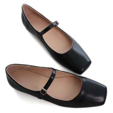TN TANGNEST Leather Flats for Women Comfortable Square Toe Slip On Flats Soft Work Flats Retro Mary Jane Flats Black 42(9.5)