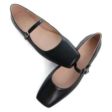 TN TANGNEST Leather Flats for Women Comfortable Square Toe Slip On Flats Soft Work Flats Retro Mary Jane Flats Black 42(9.5)