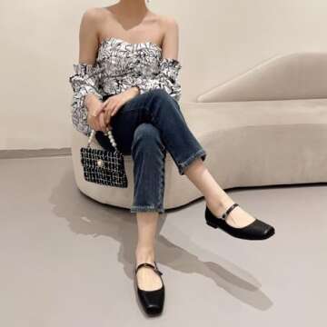 TN TANGNEST Leather Flats for Women Comfortable Square Toe Slip On Flats Soft Work Flats Retro Mary Jane Flats Black 42(9.5)