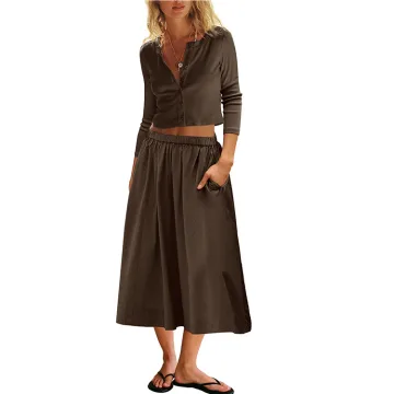 Yeokou Women's Knit 2 Piece Skirt Set Ribbed Button Down Cardigan & Elastic Waist Midi Skirt