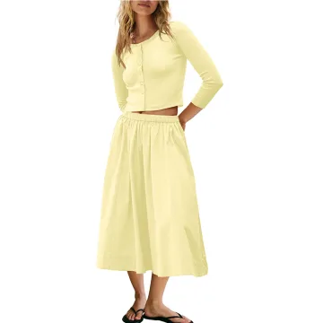 Yeokou Women's Knit 2 Piece Skirt Set Ribbed Button Down Cardigan & Elastic Waist Midi Skirt