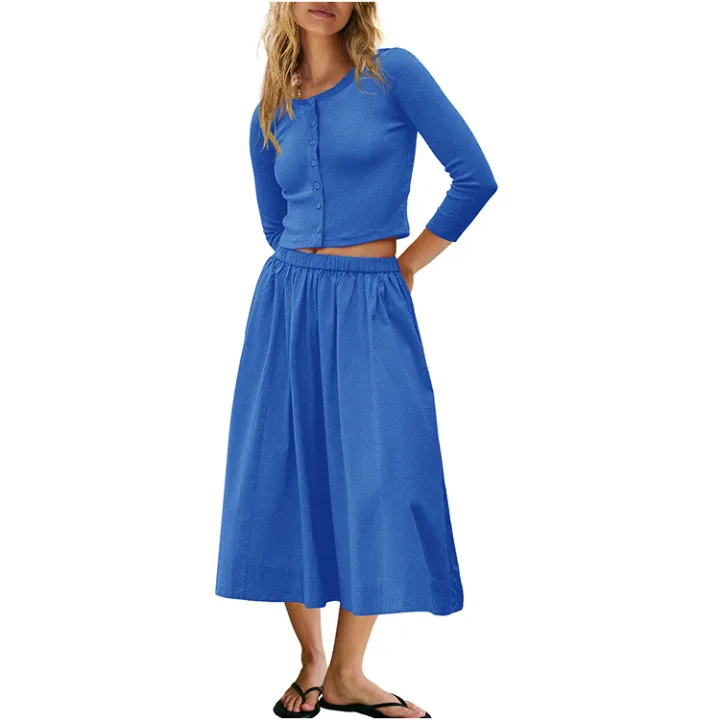 Yeokou Women's Knit 2 Piece Skirt Set Ribbed Button Down Cardigan & Elastic Waist Midi Skirt