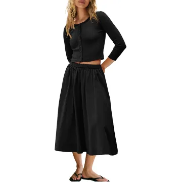 Yeokou Women's Knit 2 Piece Skirt Set Ribbed Button Down Cardigan & Elastic Waist Midi Skirt