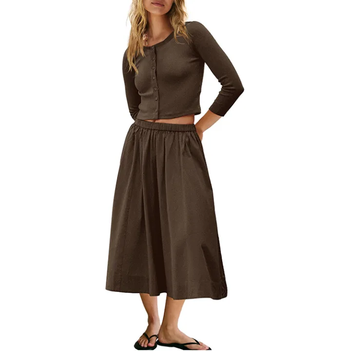 Yeokou Women's Knit 2 Piece Skirt Set Ribbed Button Down Cardigan & Elastic Waist Midi Skirt