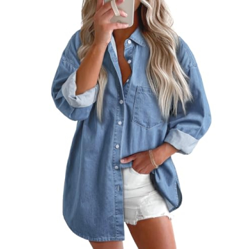 Astylish Women's Button Down Denim Shirt Casual V Neck Long Sleeve Classic Blouse Relaxed Fit Chambr...