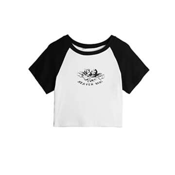 Remidoo Women's Casual Short Sleeve Angel Print Rib Knit Crop Top T-Shirt B-Black White X-Small