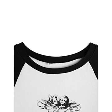 Remidoo Women's Casual Short Sleeve Angel Print Rib Knit Crop Top T-Shirt B-Black White X-Small