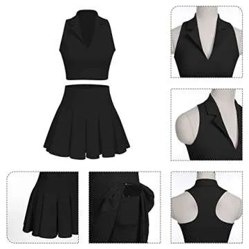 Tennis Dress for Women 2 Piece High Waist Pleated Tennis Skirt with Shorts V Neck Sleeveless Racerback Padded Crop Top Golf Workout Outfits Black Large