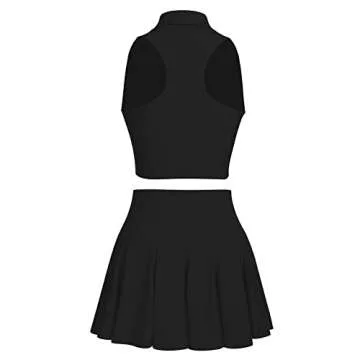 Tennis Dress for Women 2 Piece High Waist Pleated Tennis Skirt with Shorts V Neck Sleeveless Racerback Padded Crop Top Golf Workout Outfits Black Large