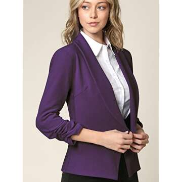 LL WSK2324 Women 3/4 Sleeve Blazer Open Front Cardigan Jacket Work Office Blazer M Purple