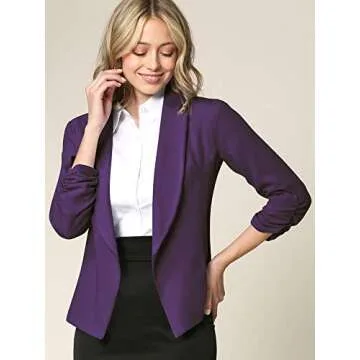 LL WSK2324 Women 3/4 Sleeve Blazer Open Front Cardigan Jacket Work Office Blazer M Purple