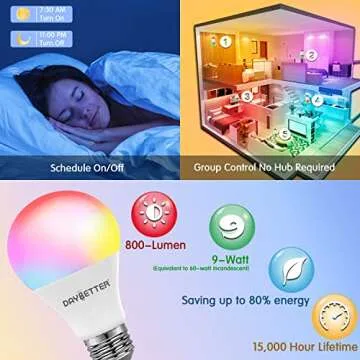 DAYBETTER Smart Light Bulbs 3 Pack, Color Changing Dimmable WiFi Smart LED Light Bulbs That Work with Alexa and Google Home, Music Sync, A19/E26, 9W, 800 Lumens, 2.4Ghz only, No Hub Required