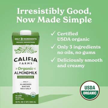 Califia Farms - Organic Unsweetened Almond Milk, 32 Oz (Pack of 6), Dairy Free, Vegan, Plant Based, ...