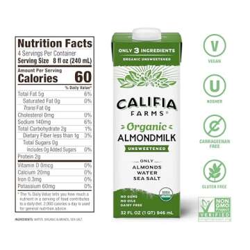 Califia Farms - Organic Unsweetened Almond Milk, 32 Oz (Pack of 6), Dairy Free, Vegan, Plant Based, Keto, Vegan, Gluten Free, Non GMO, USDA Organic