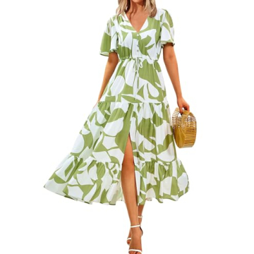 Zenlonr Women Summer Dresses 2024 Casual Short Sleeve V Neck Split Maxi Dress Button Drawstring Beac...